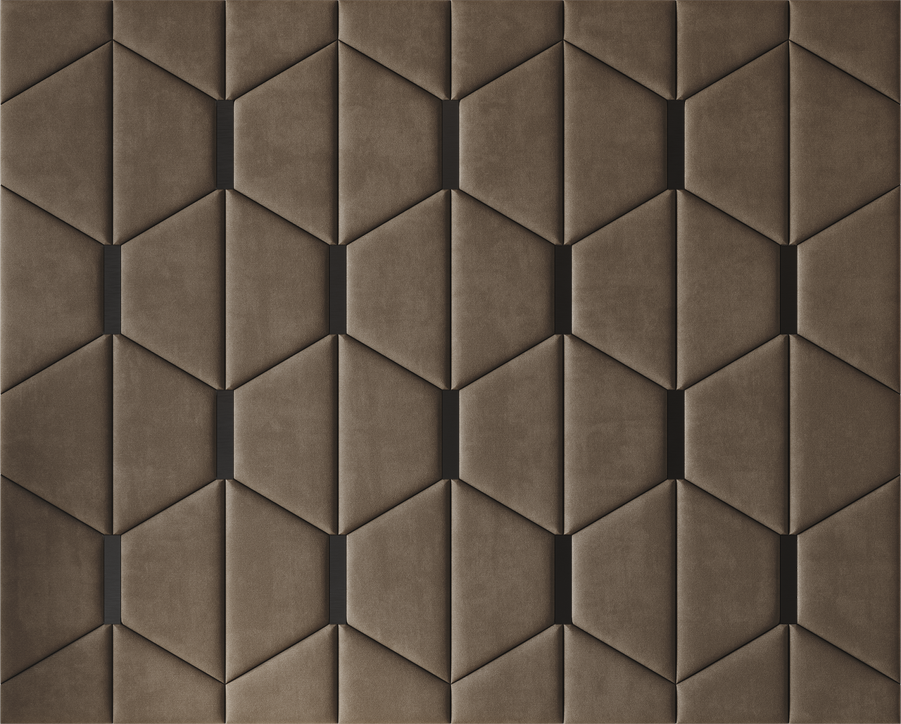 Upholstered wall panels Axis with Black metal inserts and Bark finish, modern geometric design and acoustic comfort