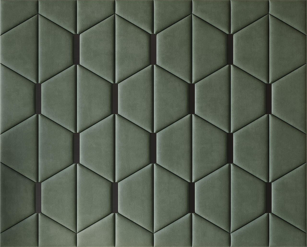 Upholstered wall panels Axis with Black metal inserts and Olive finish, modern geometric design and acoustic comfort