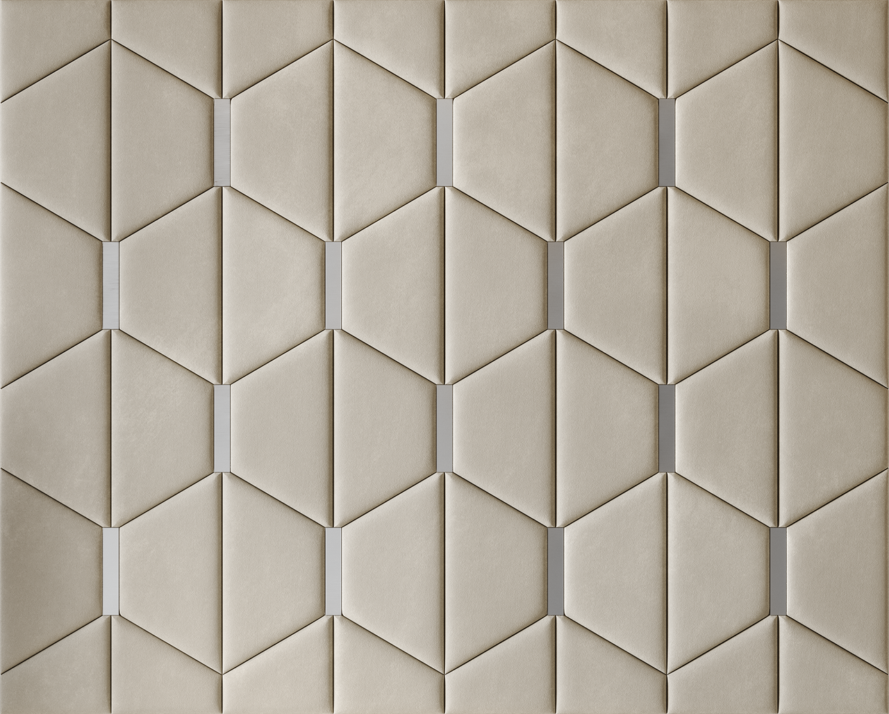 Upholstered wall panels Axis with Silver metal inserts and Ivory finish, modern geometric design and acoustic comfort