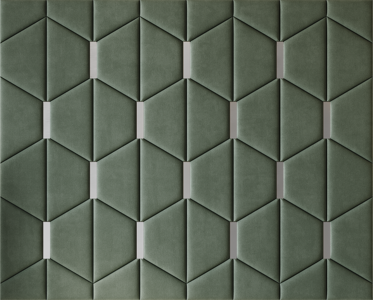 Upholstered wall panels Axis with Silver metal inserts and Olive finish, modern geometric design and acoustic comfort