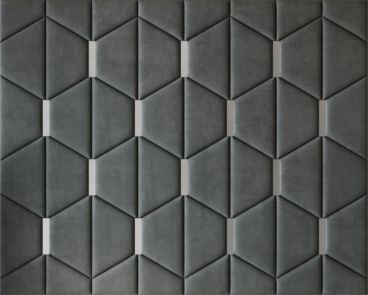 Upholstered wall panels Axis with Silver metal inserts and Seal finish, modern geometric design and acoustic comfort