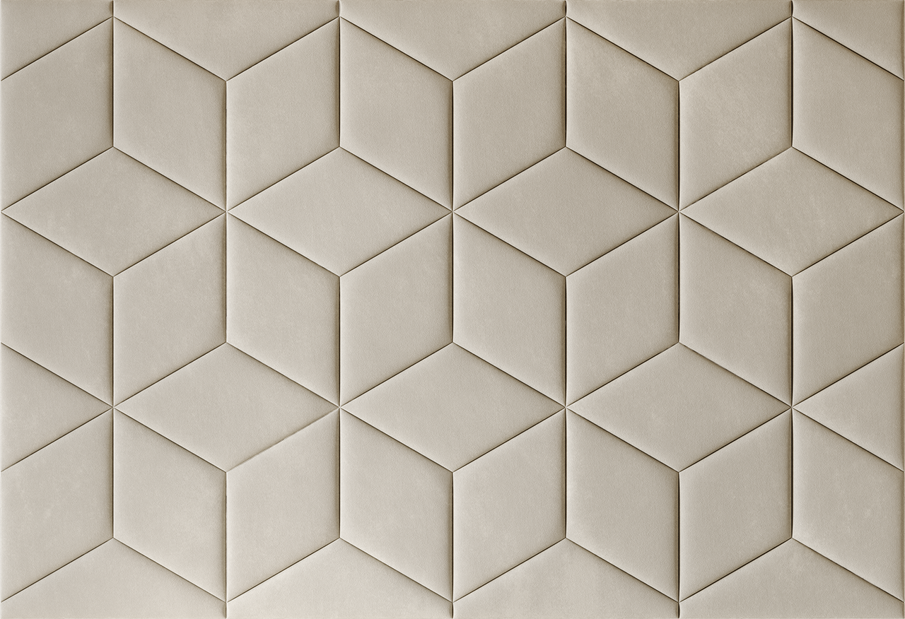 Room wall with upholstered wall panels Hexa in Ivory finish, modern minimalist interior and geometric decor