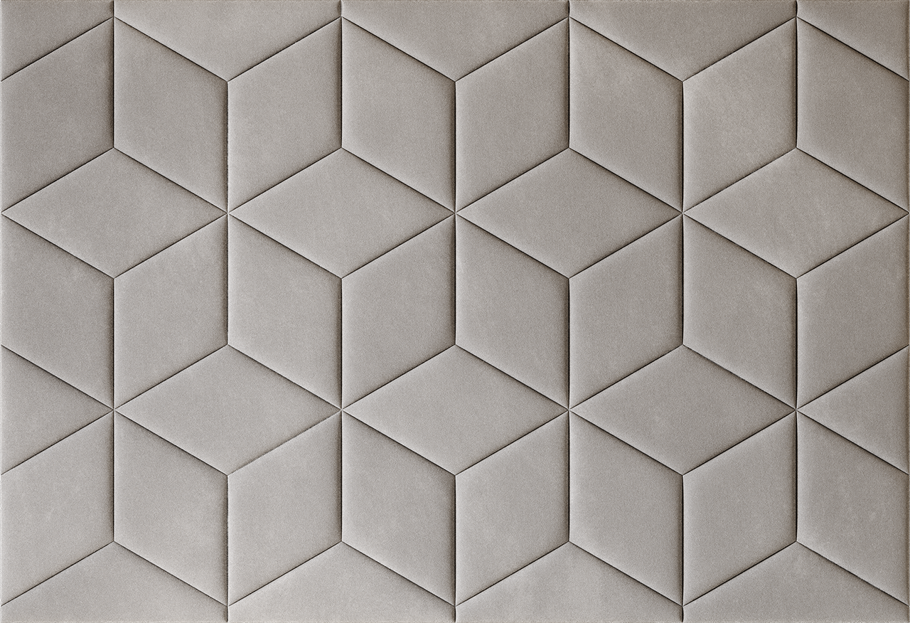 Upholstered wall panels Hexa in Pewter finish, modern geometric design and acoustic comfort