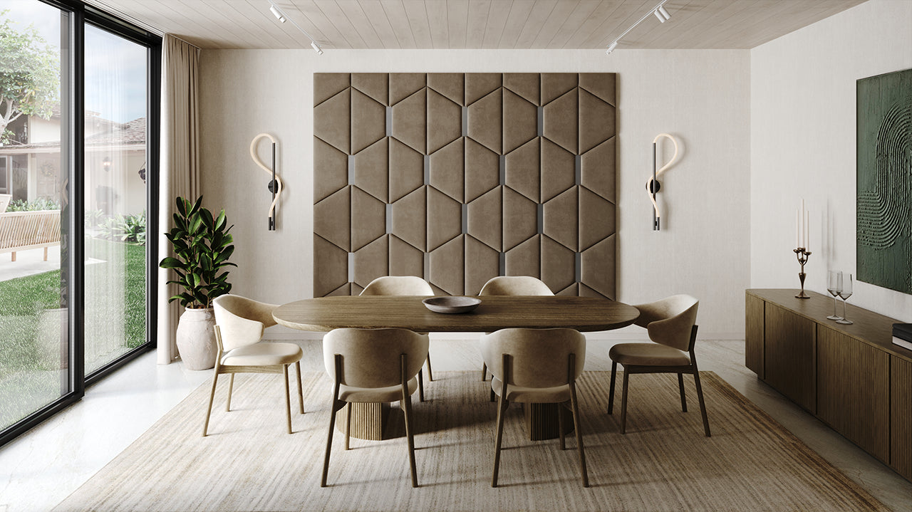Room wall with upholstered wall panels Axis with Silver metal inserts and Bark finish, modern minimalist interior and geometric decor
