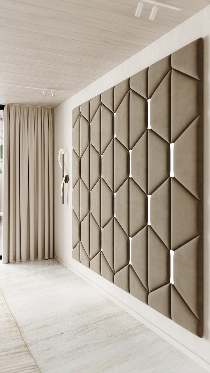 Room wall with upholstered wall panels Axis with Silver metal inserts and Bark finish, geometric decor