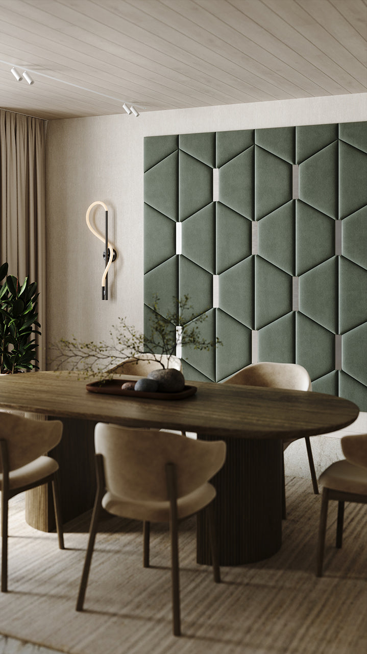 Room wall with upholstered wall panels Axis with Silver metal inserts and Olive finish, modern minimalist interior and geometric decor