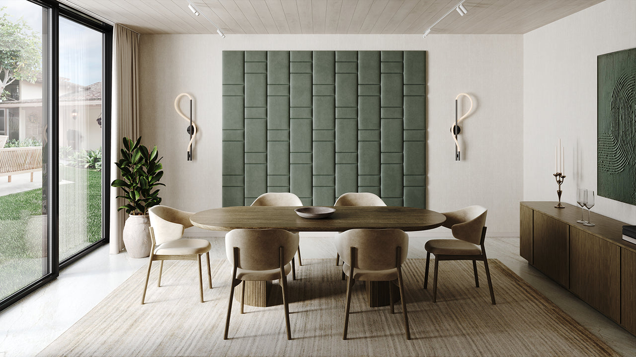 Upholstered wall panels Brick in Olive finish, modern geometric design and acoustic comfort