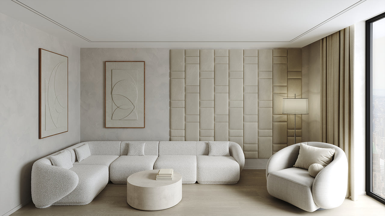 Upholstered wall panels Brick in Ivory finish, modern geometric design and acoustic comfort
