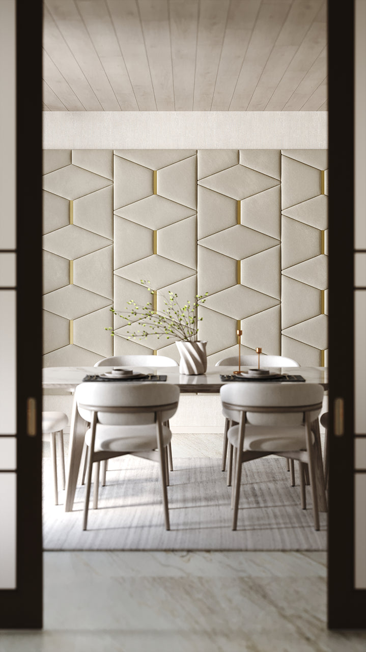 Room wall with upholstered wall panels Prism with Gold metal inserts and Ivory finish, modern minimalist interior and geometric decor