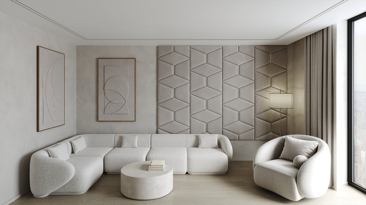 Room wall with upholstered wall panels Prism with Silver metal inserts and Pewter finish, modern minimalist interior and geometric decor