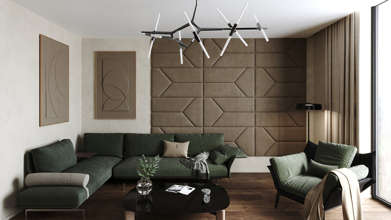 Room wall with upholstered wall panels Pulse in Bark finish, modern minimalist interior and geometric decor