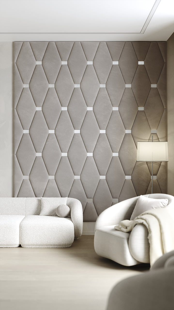 Room wall with upholstered wall panels Wave with Silver metal inserts and Pewter finish, modern minimalist interior and geometric decor