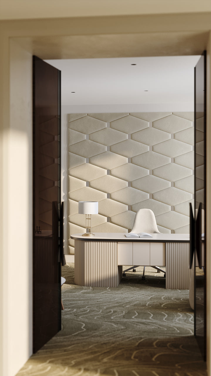 Room wall with upholstered wall panels Wave with Silver metal inserts and Ivory finish, modern minimalist interior and geometric decor
