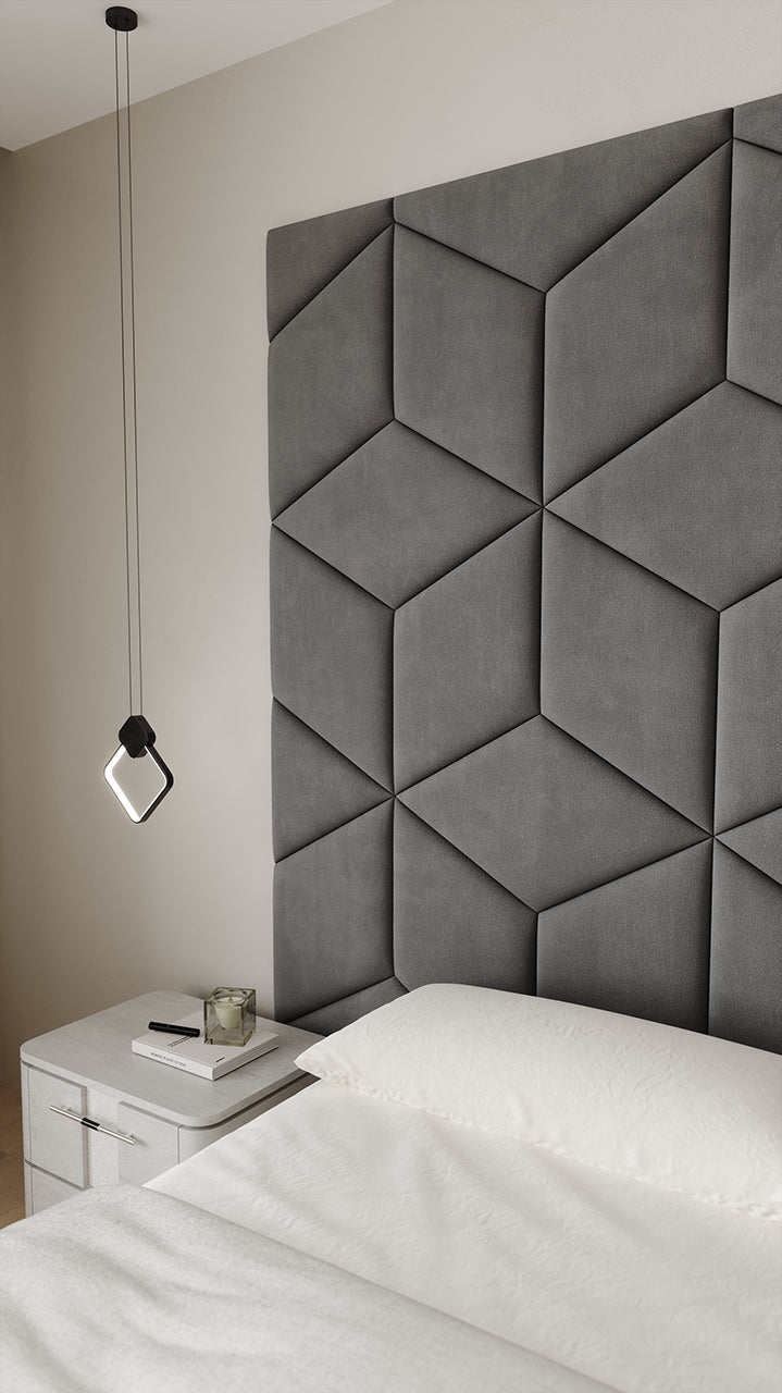 Room wall with upholstered wall panels Hexa in Seal finish, modern minimalist interior and geometric decor