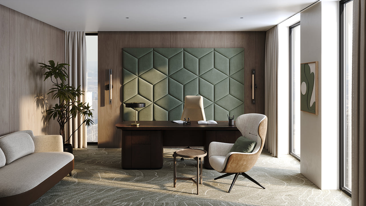 Room wall with upholstered wall panels Hexa in Olive finish, modern minimalist interior and geometric decor