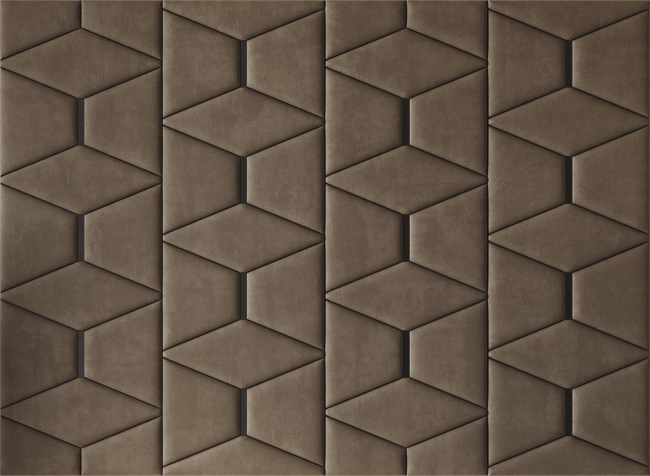 Upholstered wall panels Prism with Black metal inserts and Bark finish, modern geometric design and acoustic comfort