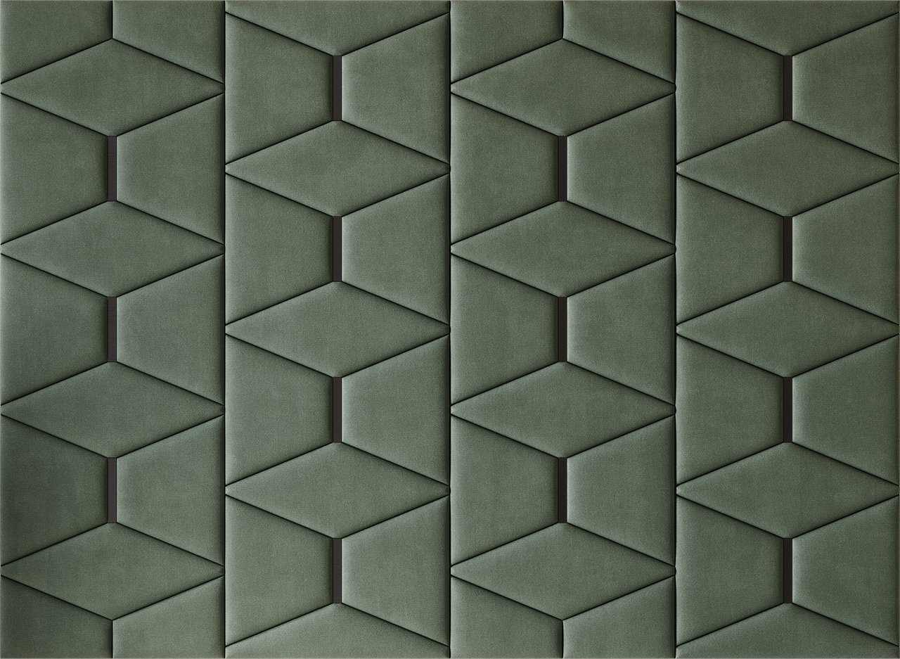 Upholstered wall panels Prism with Black metal inserts and Olive finish, modern geometric design and acoustic comfort