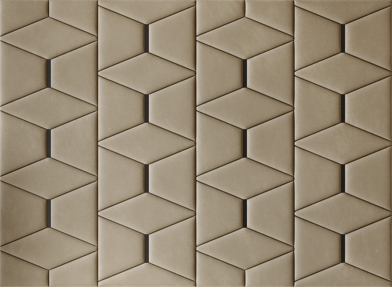 Upholstered wall panels Prism with Black metal inserts and Sand finish, modern geometric design and acoustic comfort