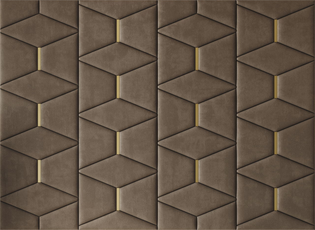 Upholstered wall panels Prism with Gold metal inserts and Bark finish, modern geometric design and acoustic comfort