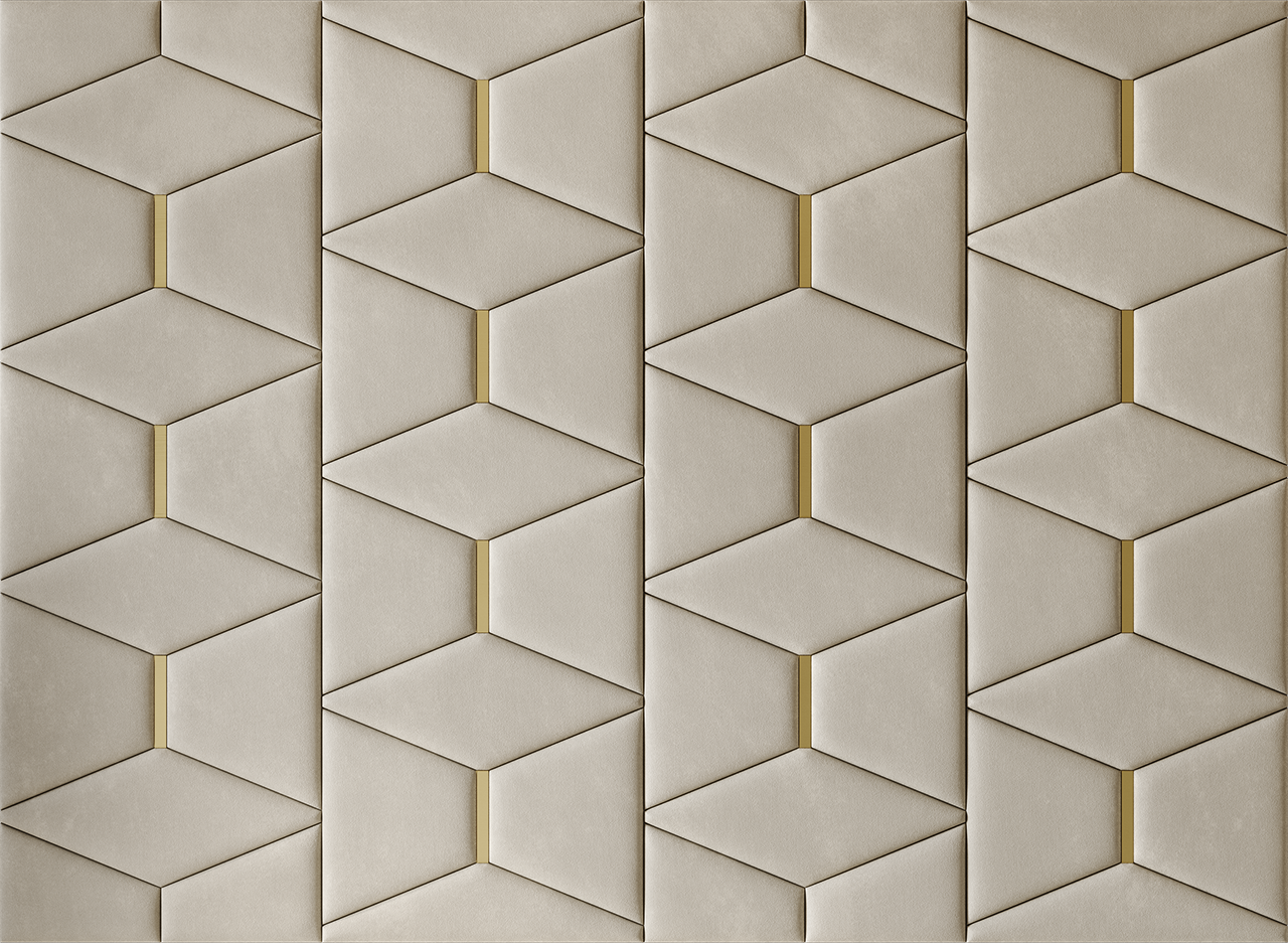 Upholstered wall panels Prism with Gold metal inserts and Ivory finish, modern geometric design and acoustic comfort