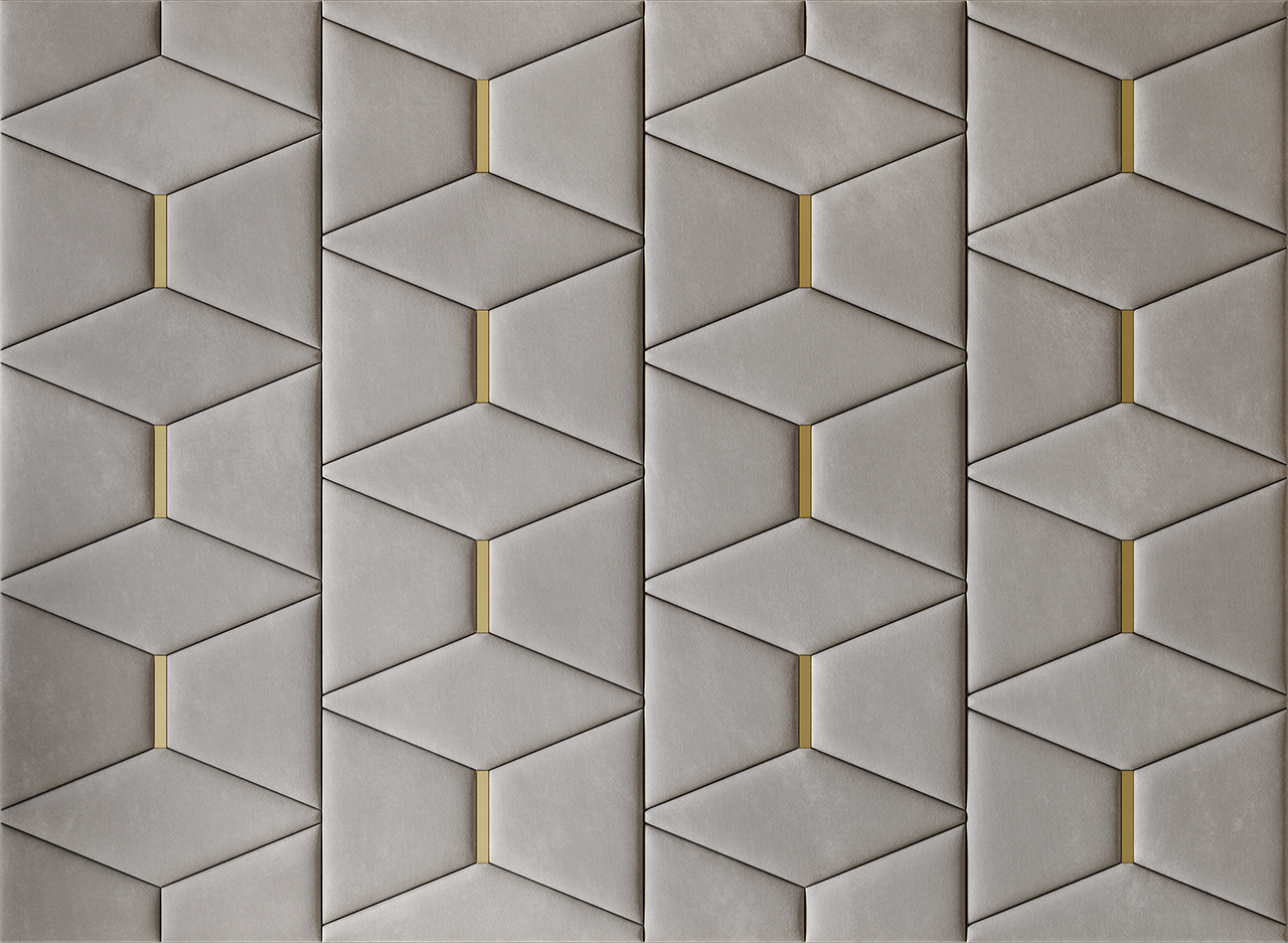 Upholstered wall panels Prism with Gold metal inserts and Pewter finish, modern geometric design and acoustic comfort