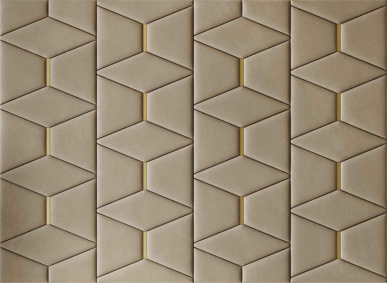 Upholstered wall panels Prism with Gold metal inserts and Sand finish, modern geometric design and acoustic comfort