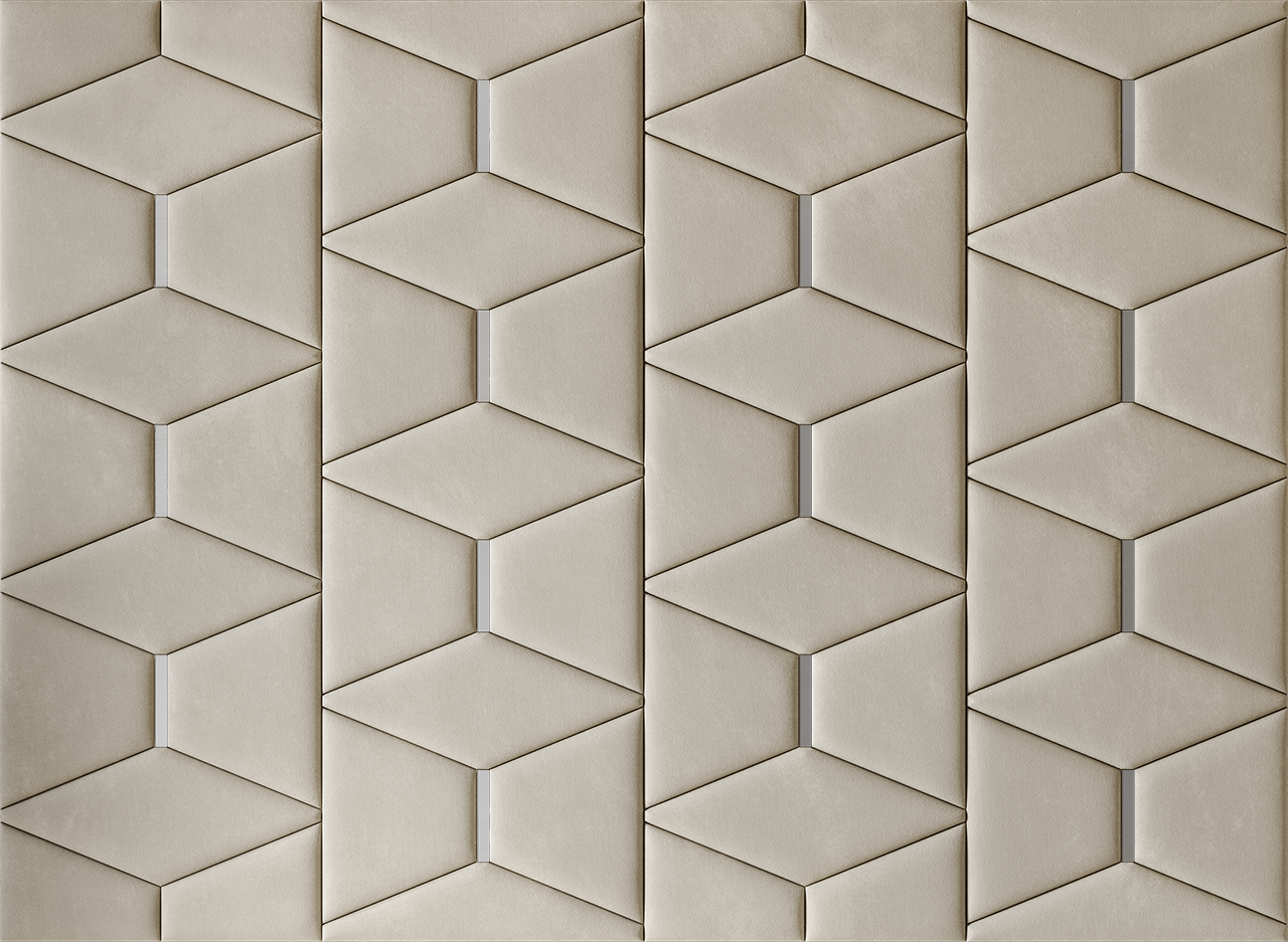 Upholstered wall panels Prism with Silver metal inserts and Ivory finish, modern geometric design and acoustic comfort