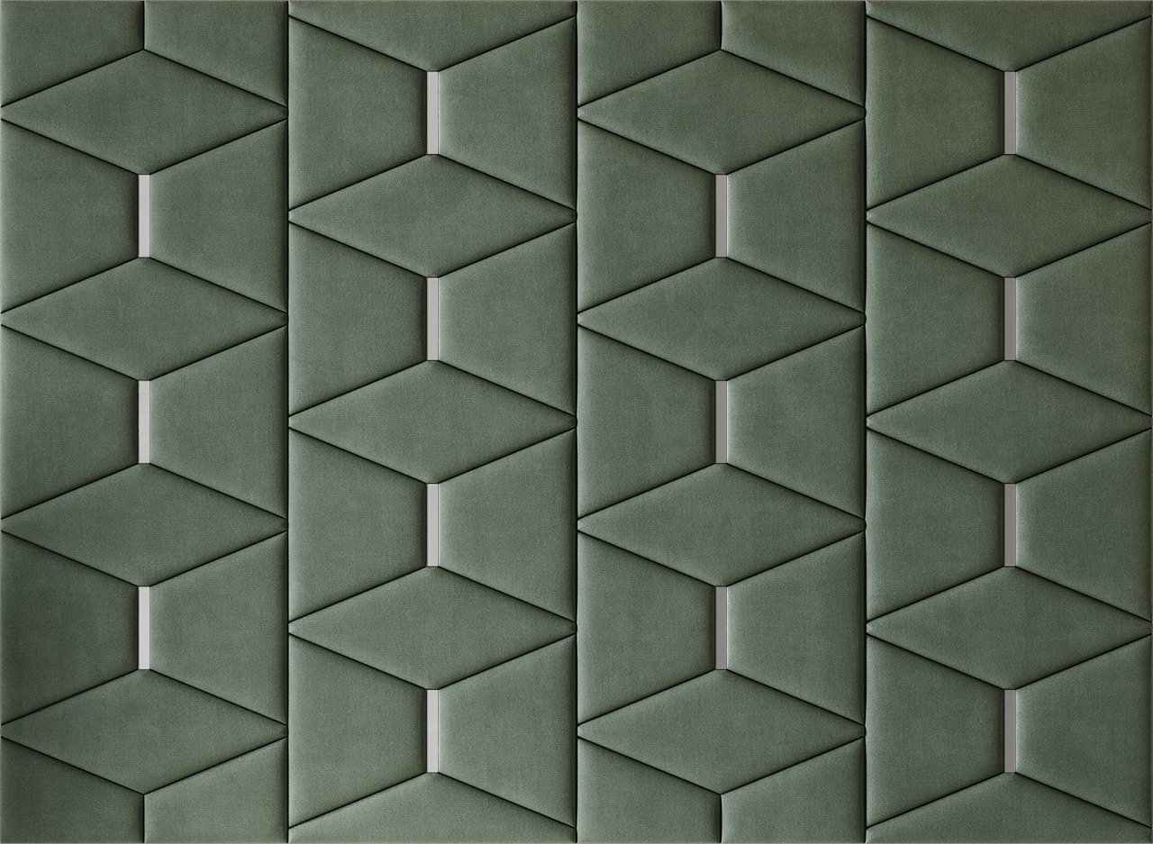 Upholstered wall panels Prism with Silver metal inserts and Olive finish, modern geometric design and acoustic comfort