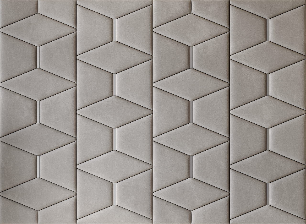 Upholstered wall panels Prism with Silver metal inserts and Pewter finish, modern geometric design and acoustic comfort
