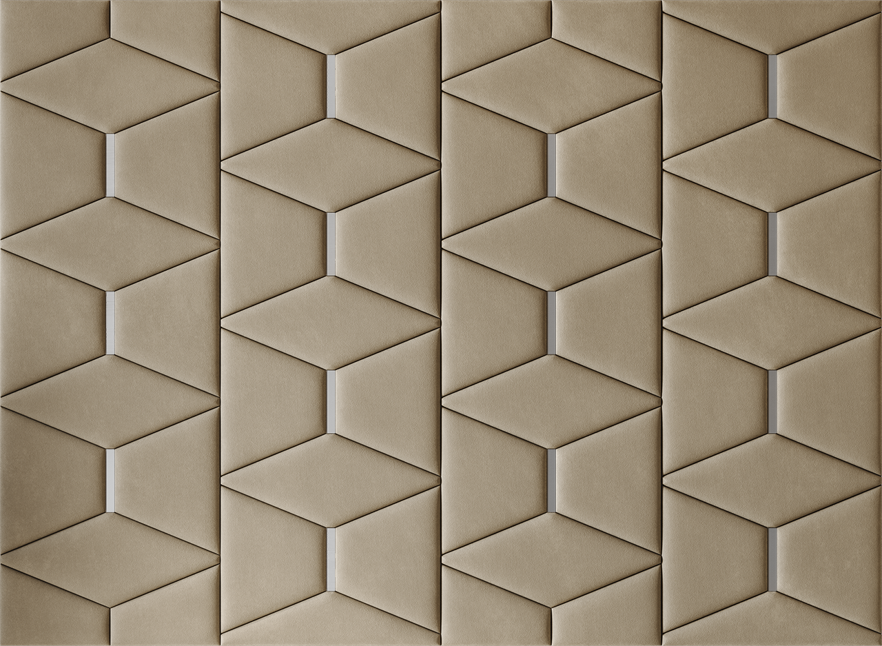 Upholstered wall panels Prism with Silver metal inserts and Sand finish, modern geometric design and acoustic comfort