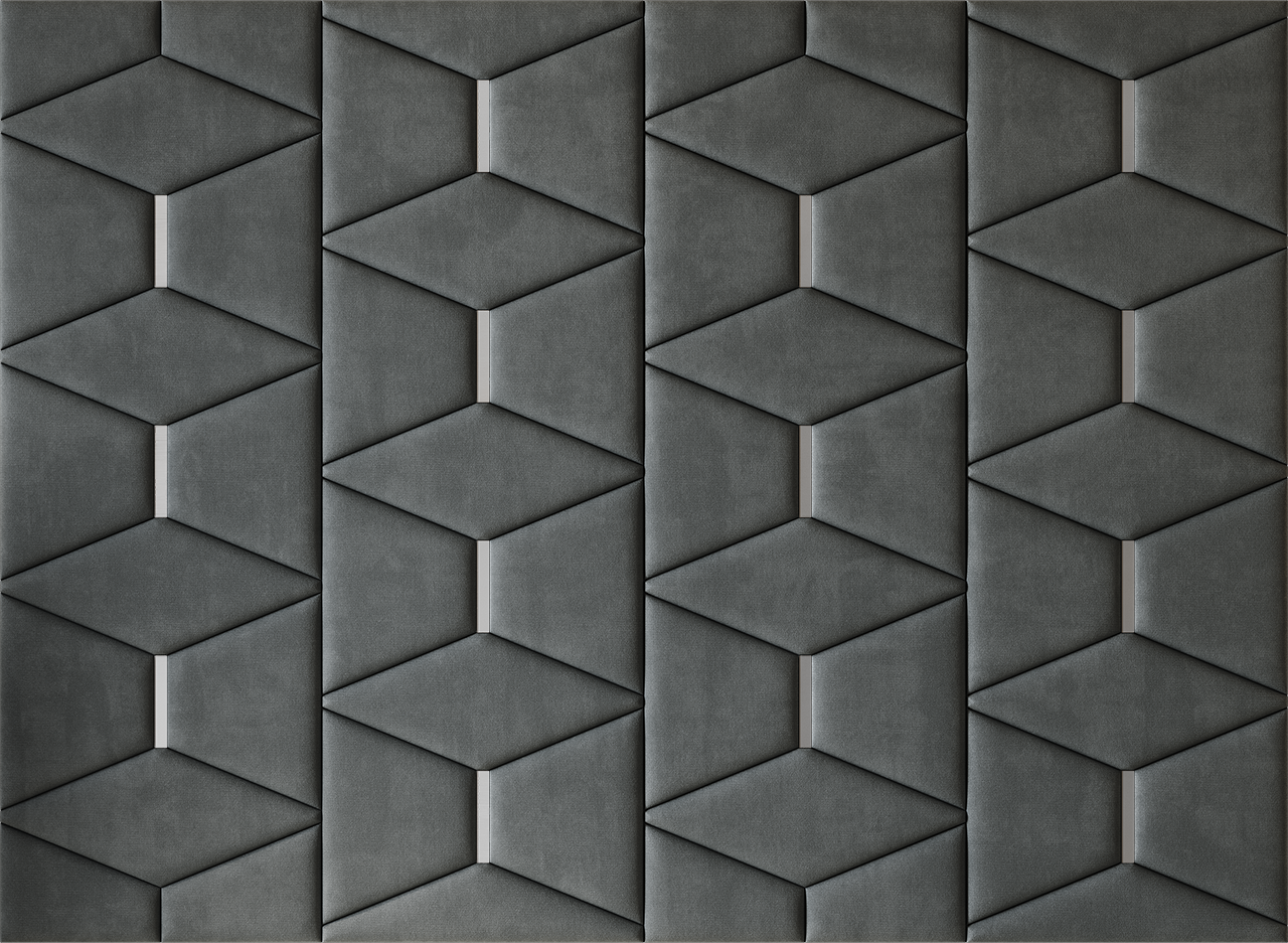 Upholstered wall panels Prism with Silver metal inserts and Seal finish, modern geometric design and acoustic comfort