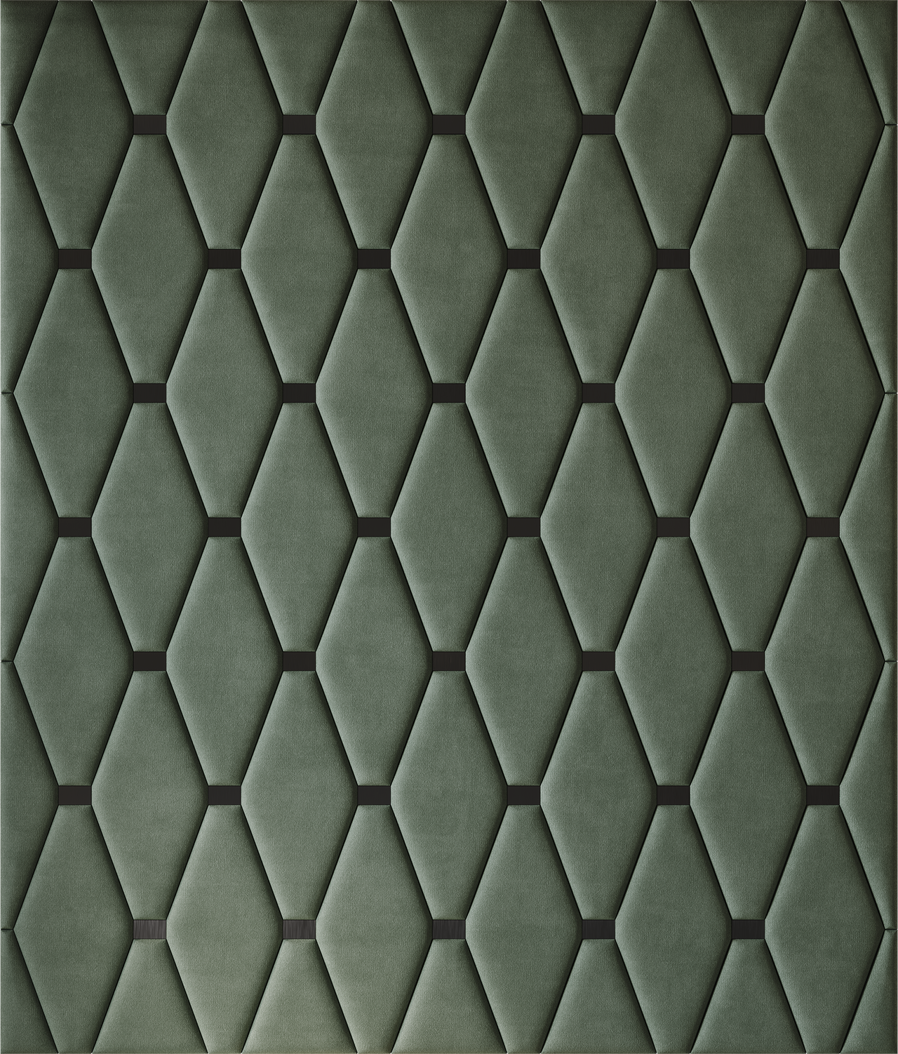 Upholstered wall panels Wave with Black metal inserts and Olive finish, modern geometric design and acoustic comfort