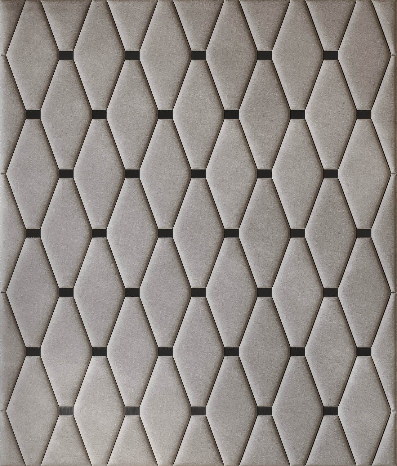 Upholstered wall panels Wave with Black metal inserts and Pewter finish, modern geometric design and acoustic comfort