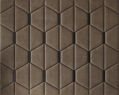Upholstered wall panels Axis with Black metal  inserts and Bark finish, modern geometric design and acoustic comfort