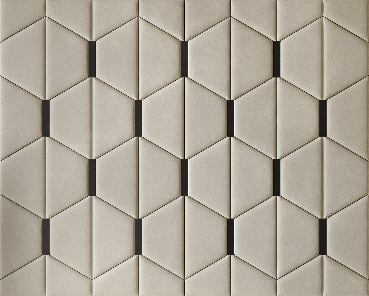 Upholstered wall panels Axis with Black metal  inserts and Ivory finish, modern geometric design and acoustic comfort