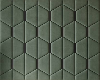 Upholstered wall panels Axis with Black metal inserts and Olive finish, modern geometric design and acoustic comfort