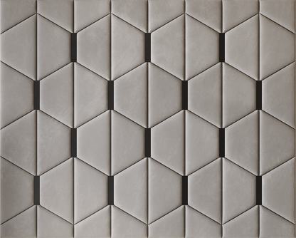 Upholstered wall panels Axis with Black metal  inserts and Pewter finish, modern geometric design and acoustic comfort