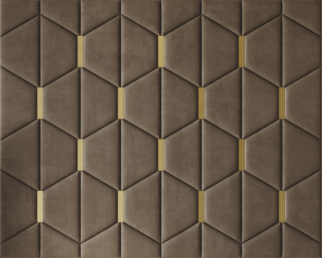 Upholstered wall panels Axis with Gold metal  inserts and Bark finish, modern geometric design and acoustic comfort