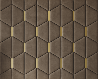 Upholstered wall panels Axis with Gold metal  inserts and Bark finish, modern geometric design and acoustic comfort