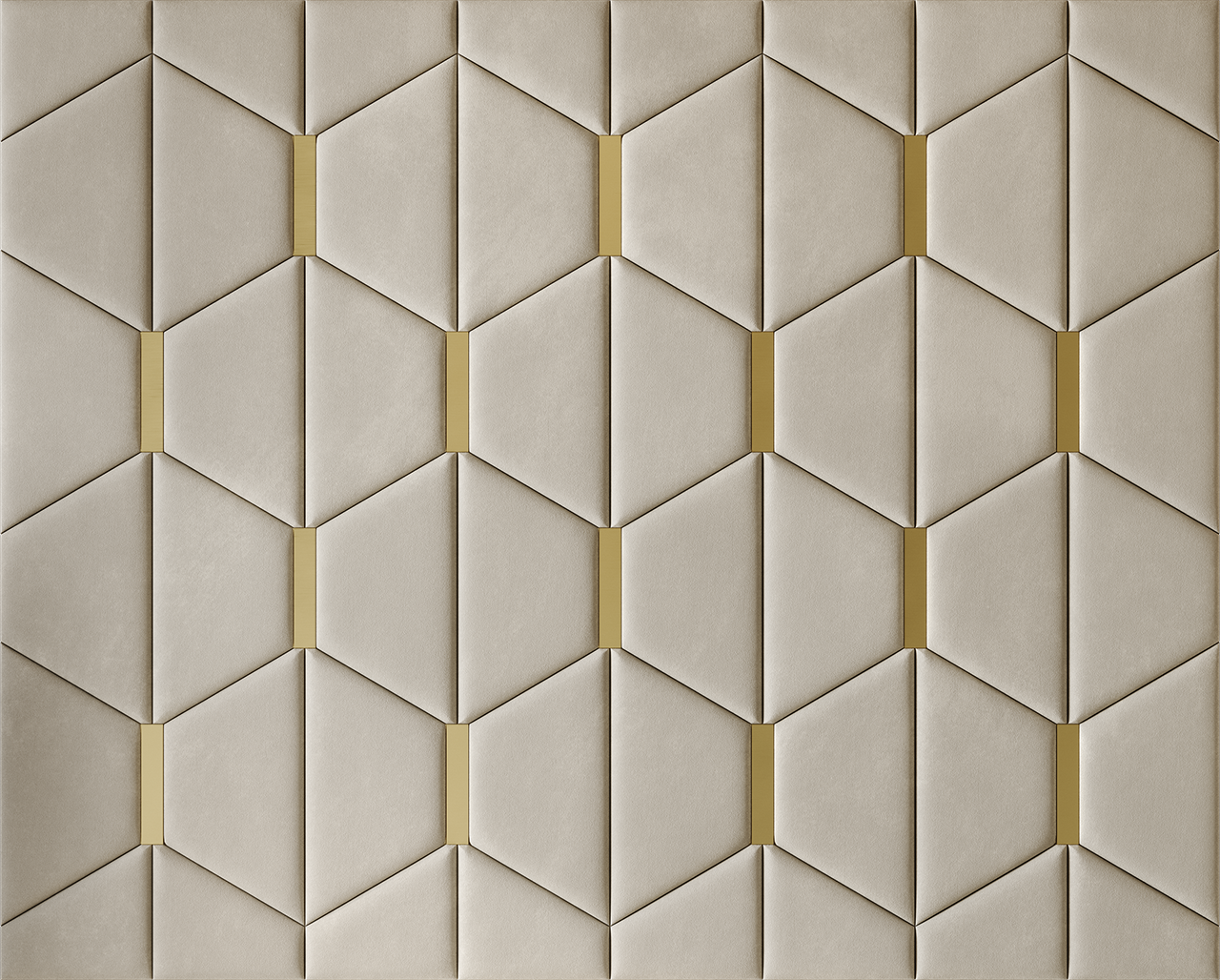 Upholstered wall panels Axis with Gold metal  inserts and Ivory finish, modern geometric design and acoustic comfort