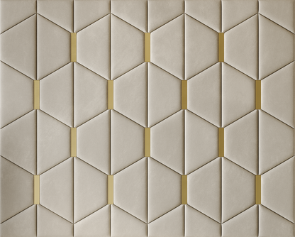 Upholstered wall panels Axis with Gold metal  inserts and Ivory finish, modern geometric design and acoustic comfort