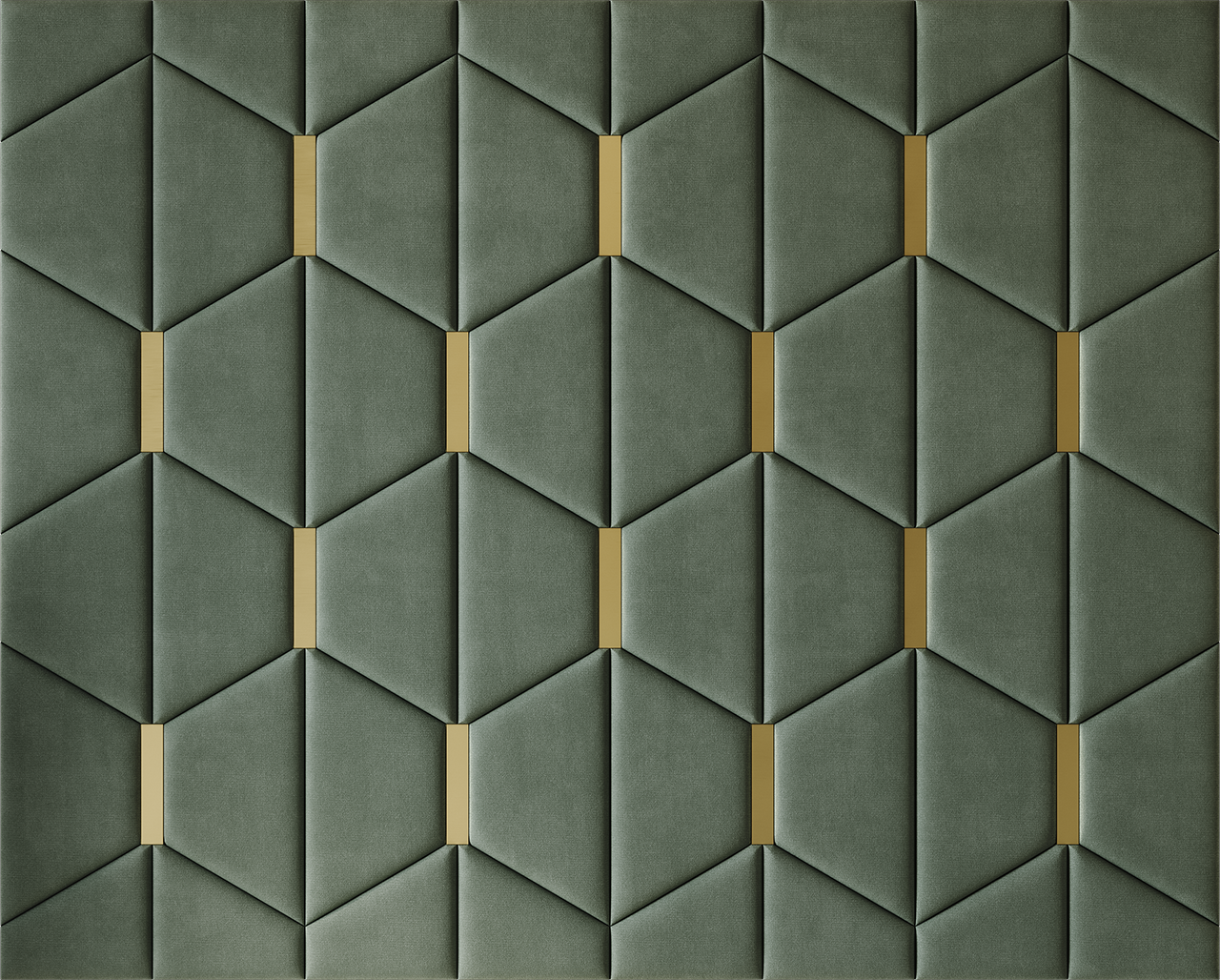 Upholstered wall panels Axis with Gold metal  inserts and Olive finish, modern geometric design and acoustic comfort
