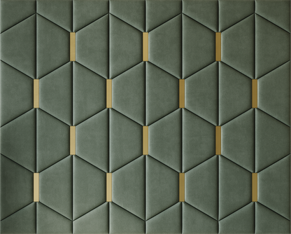 Upholstered wall panels Axis with Gold metal  inserts and Olive finish, modern geometric design and acoustic comfort