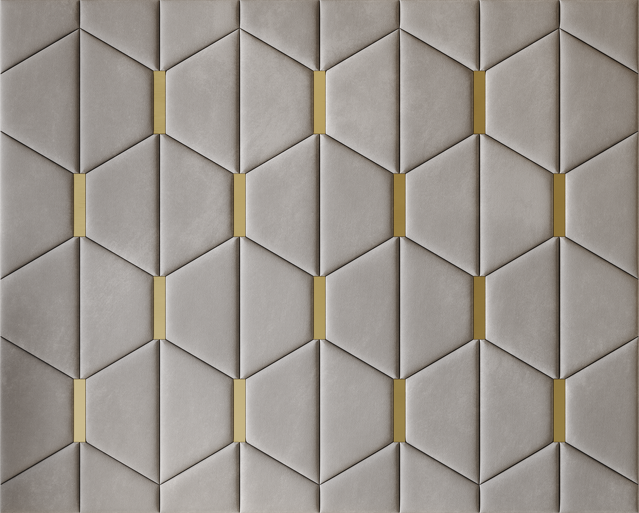 Upholstered wall panels Axis with Gold metal  inserts and Pewter finish, modern geometric design and acoustic comfort