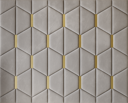 Upholstered wall panels Axis with Gold metal  inserts and Pewter finish, modern geometric design and acoustic comfort