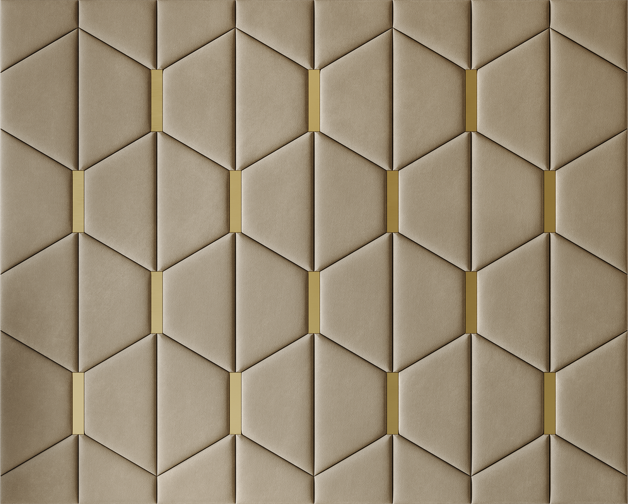 Upholstered wall panels Axis with Gold metal  inserts and Sand finish, modern geometric design and acoustic comfort