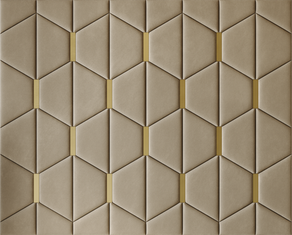 Upholstered wall panels Axis with Gold metal  inserts and Sand finish, modern geometric design and acoustic comfort