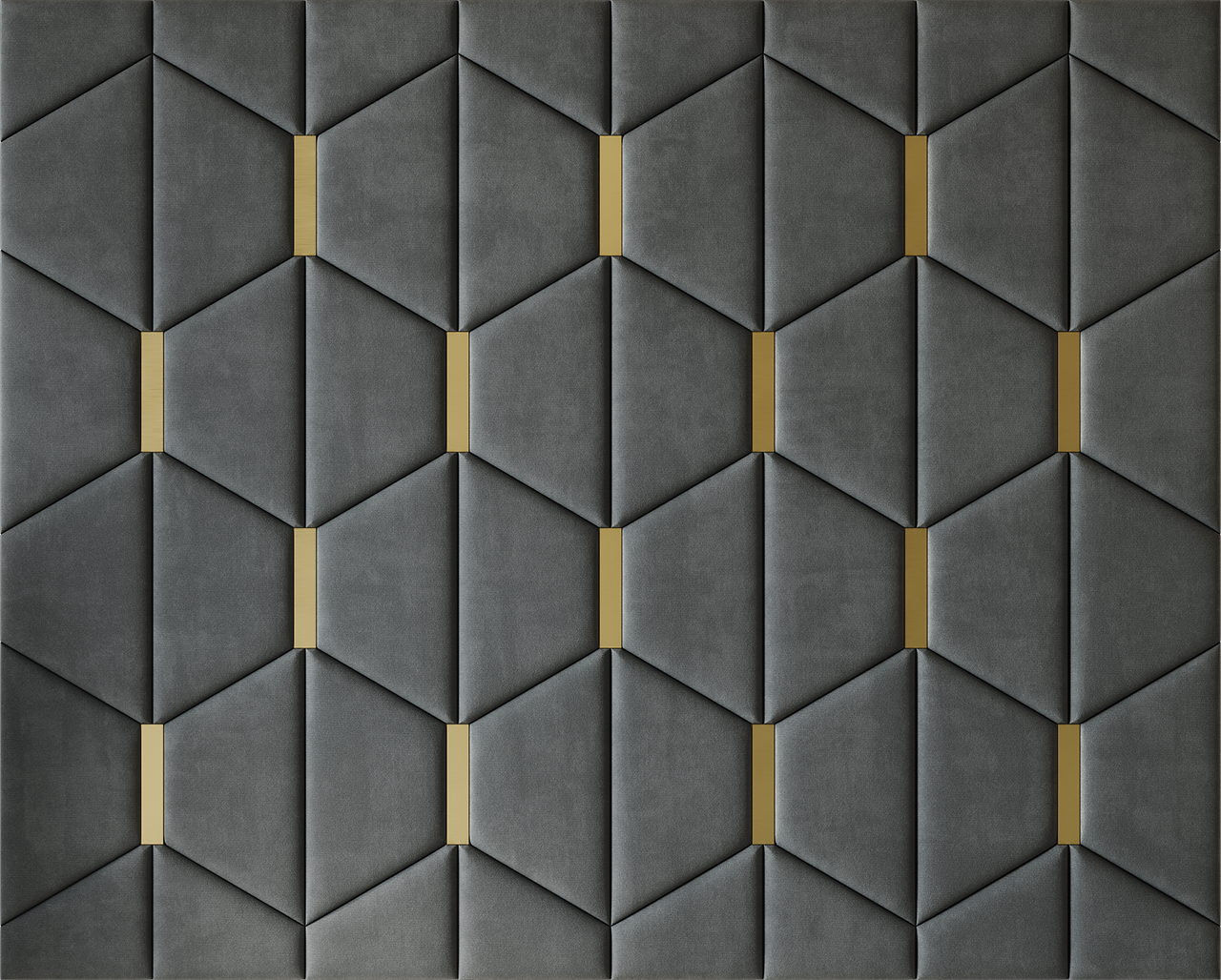 Upholstered wall panels Axis with Gold metal  inserts and Seal finish, modern geometric design and acoustic comfort