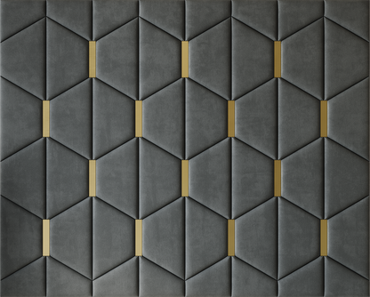 Upholstered wall panels Axis with Gold metal  inserts and Seal finish, modern geometric design and acoustic comfort