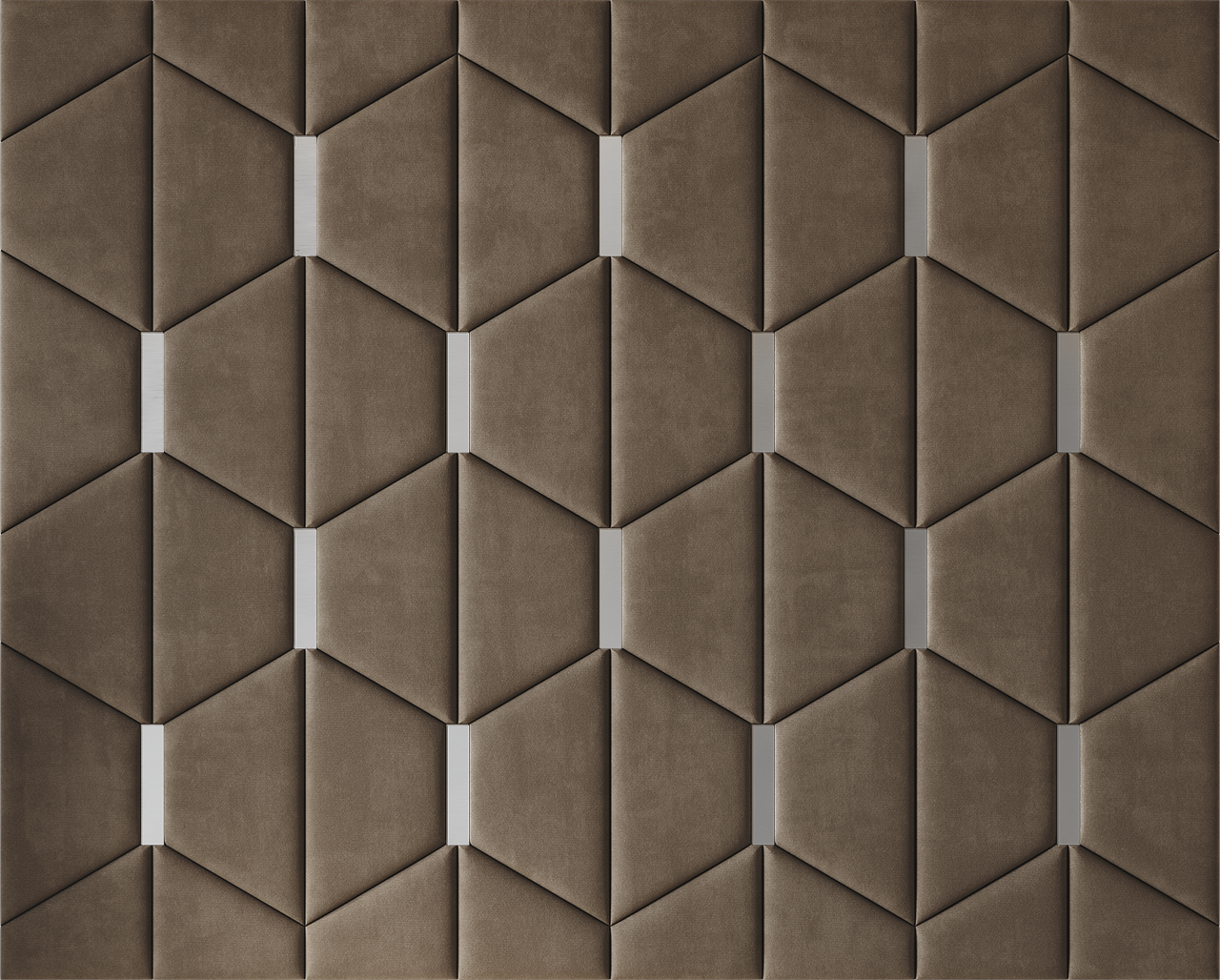 Upholstered wall panels Axis with Silver metal inserts and Bark finish, modern geometric design and acoustic comfort